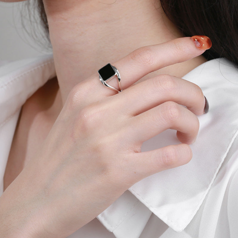 925 Sterling Silver Black Square Oil Dripping Ring