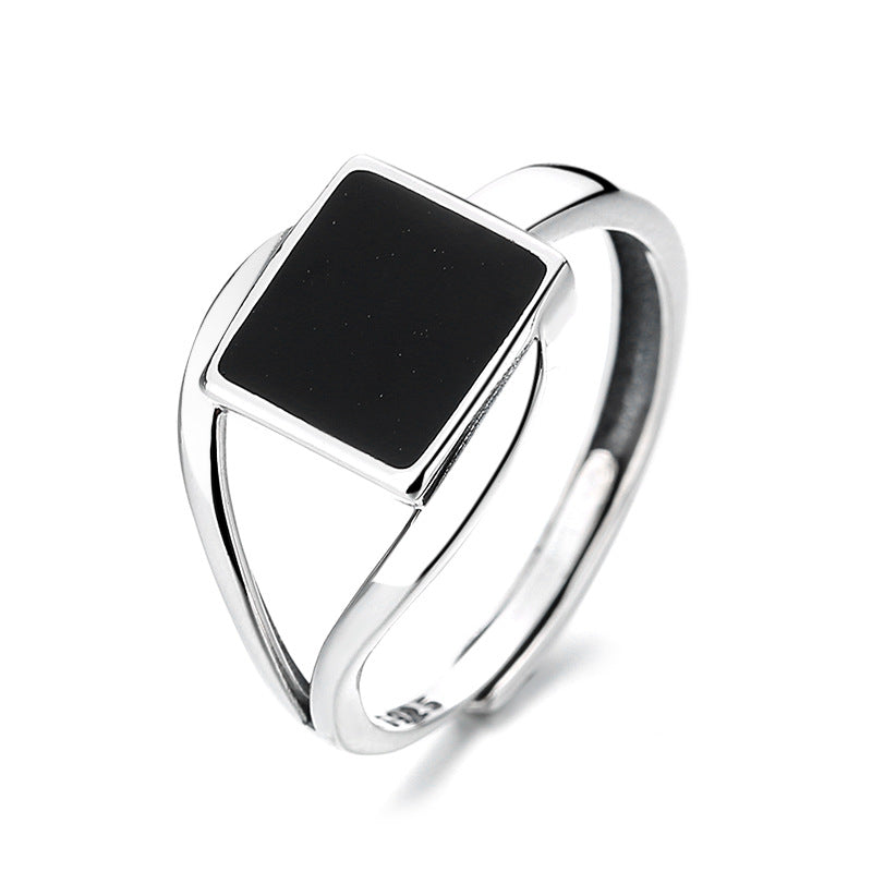 925 Sterling Silver Black Square Oil Dripping Ring